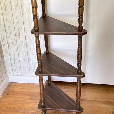 LOT 176: Five Tier Corner Shelf Unit, Upholstered Storage Foot Stool and Wooden Wall Mirror