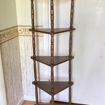 LOT 176: Five Tier Corner Shelf Unit, Upholstered Storage Foot Stool and Wooden Wall Mirror