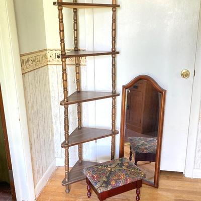 LOT 176: Five Tier Corner Shelf Unit, Upholstered Storage Foot Stool and Wooden Wall Mirror
