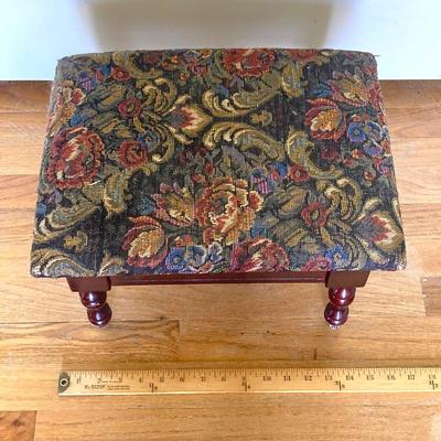 LOT 176: Five Tier Corner Shelf Unit, Upholstered Storage Foot Stool and Wooden Wall Mirror