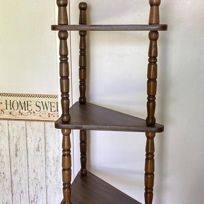 LOT 176: Five Tier Corner Shelf Unit, Upholstered Storage Foot Stool and Wooden Wall Mirror