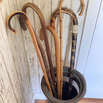 LOT 177: Brass Cane / Umbrella Holder with Collection of Wooden Canes