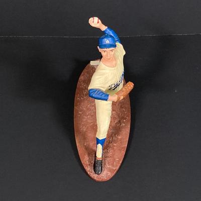 LOT 184: Brooklyn Dodgers 1955 World Series vs New York Yankees Wall Art, Sandy Koufax Figurine in Original Box and Ken-Wel Brand Sign