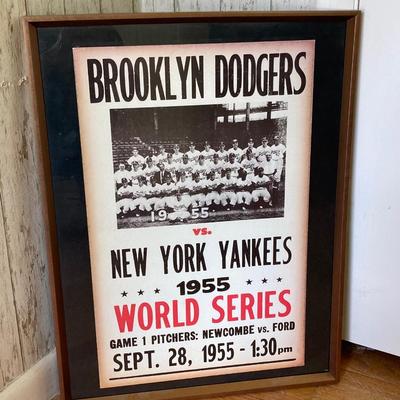 LOT 184: Brooklyn Dodgers 1955 World Series vs New York Yankees Wall Art, Sandy Koufax Figurine in Original Box and Ken-Wel Brand Sign