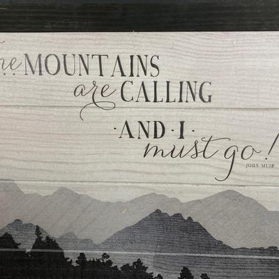 LOT 188: Handcrafted Log Style Side Table, Mountains / Cabin Wall Decor and Collection of Books