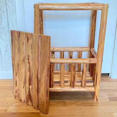 LOT 188: Handcrafted Log Style Side Table, Mountains / Cabin Wall Decor and Collection of Books