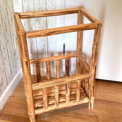 LOT 188: Handcrafted Log Style Side Table, Mountains / Cabin Wall Decor and Collection of Books