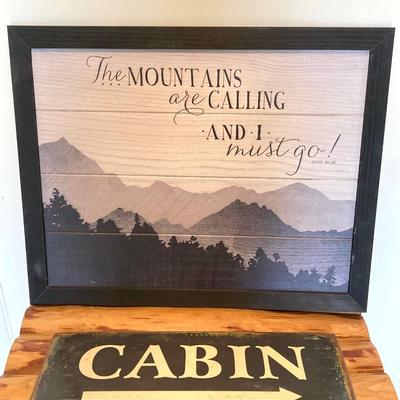 LOT 188: Handcrafted Log Style Side Table, Mountains / Cabin Wall Decor and Collection of Books