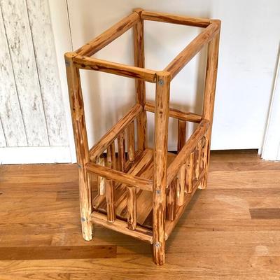 LOT 188: Handcrafted Log Style Side Table, Mountains / Cabin Wall Decor and Collection of Books