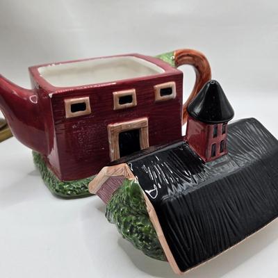 LOT 190: Sakura China Red Barn Teapot, Cream & Sugar Set, and Salt & Pepper Set, and Small Lamp Shade