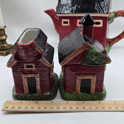 LOT 190: Sakura China Red Barn Teapot, Cream & Sugar Set, and Salt & Pepper Set, and Small Lamp Shade