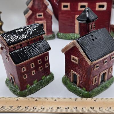 LOT 190: Sakura China Red Barn Teapot, Cream & Sugar Set, and Salt & Pepper Set, and Small Lamp Shade