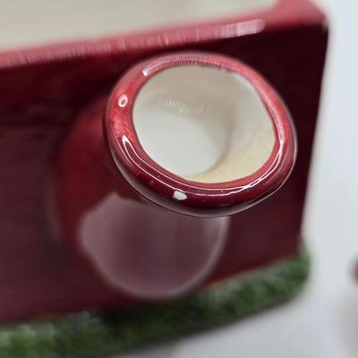 LOT 190: Sakura China Red Barn Teapot, Cream & Sugar Set, and Salt & Pepper Set, and Small Lamp Shade