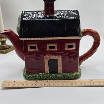 LOT 190: Sakura China Red Barn Teapot, Cream & Sugar Set, and Salt & Pepper Set, and Small Lamp Shade