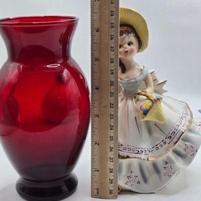 LOT 192: Ruby Vase, Vintage Planter Girl, Perfume Atomizer, Wedgewood Blue Jasperware Trinket Dish, and More