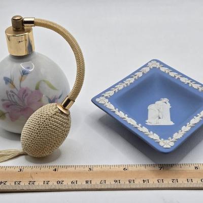 LOT 192: Ruby Vase, Vintage Planter Girl, Perfume Atomizer, Wedgewood Blue Jasperware Trinket Dish, and More