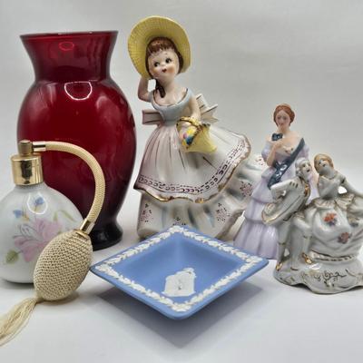 LOT 192: Ruby Vase, Vintage Planter Girl, Perfume Atomizer, Wedgewood Blue Jasperware Trinket Dish, and More