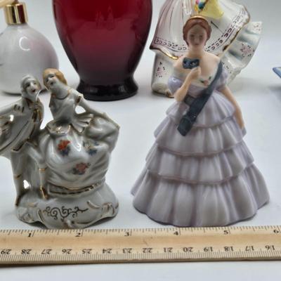 LOT 192: Ruby Vase, Vintage Planter Girl, Perfume Atomizer, Wedgewood Blue Jasperware Trinket Dish, and More