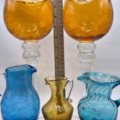 LOT 194: Beautiful Amber Glass Oversized Goblets and 3 Colored Glass Creamer/Syrup Pitchers