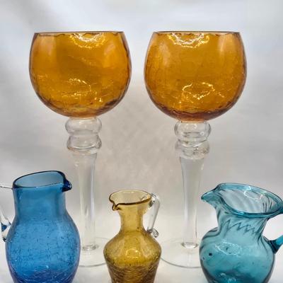 LOT 194: Beautiful Amber Glass Oversized Goblets and 3 Colored Glass Creamer/Syrup Pitchers