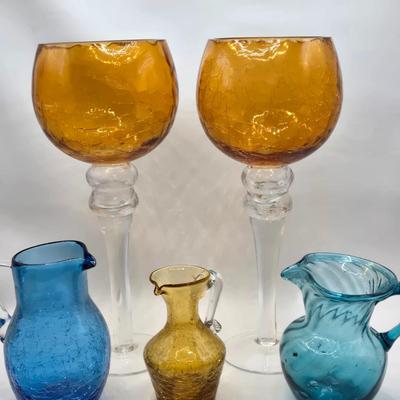 LOT 194: Beautiful Amber Glass Oversized Goblets and 3 Colored Glass Creamer/Syrup Pitchers