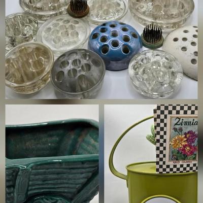 LOT 196: Multiple Glass and Metal Flower Frogs, 2 Planter Pots, and Watering Can with Seeds & Gloves
