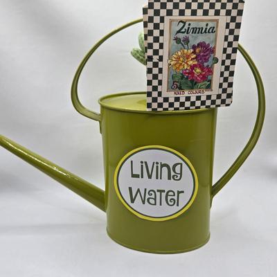 LOT 196: Multiple Glass and Metal Flower Frogs, 2 Planter Pots, and Watering Can with Seeds & Gloves