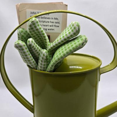 LOT 196: Multiple Glass and Metal Flower Frogs, 2 Planter Pots, and Watering Can with Seeds & Gloves