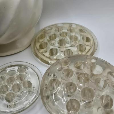 LOT 196: Multiple Glass and Metal Flower Frogs, 2 Planter Pots, and Watering Can with Seeds & Gloves