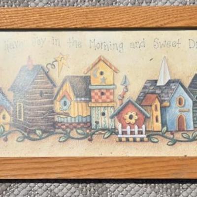 LOT 198: Country Decor Including Large Serving Tray, All Wooden House Plaque, Apple Clock , Cat Shelf Sitter, and More