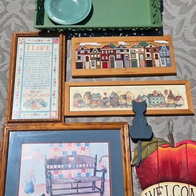LOT 198: Country Decor Including Large Serving Tray, All Wooden House Plaque, Apple Clock , Cat Shelf Sitter, and More
