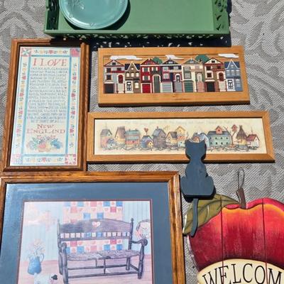 LOT 198: Country Decor Including Large Serving Tray, All Wooden House Plaque, Apple Clock , Cat Shelf Sitter, and More