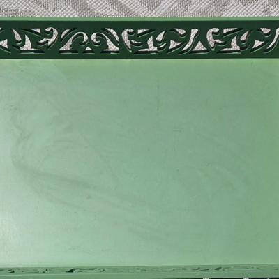 LOT 198: Country Decor Including Large Serving Tray, All Wooden House Plaque, Apple Clock , Cat Shelf Sitter, and More