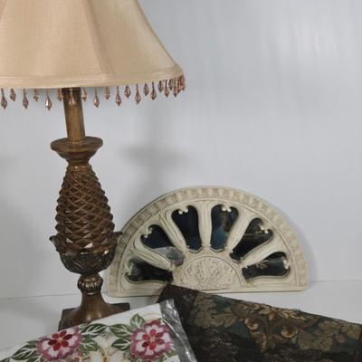 LOT 199: Pineapple Lamp, Mirror Wall Decor, Beautiful Table Runner, and Tablecloth