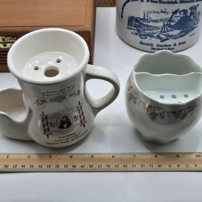 LOT 201: Antique Stoneware Tobacco Crock, Two Vintage Shaving Mugs, Wooden Cigar Box, and Cigar Box Book