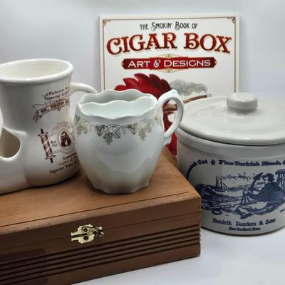 LOT 201: Antique Stoneware Tobacco Crock, Two Vintage Shaving Mugs, Wooden Cigar Box, and Cigar Box Book