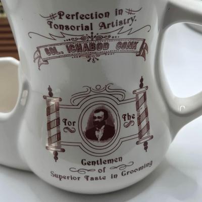 LOT 201: Antique Stoneware Tobacco Crock, Two Vintage Shaving Mugs, Wooden Cigar Box, and Cigar Box Book