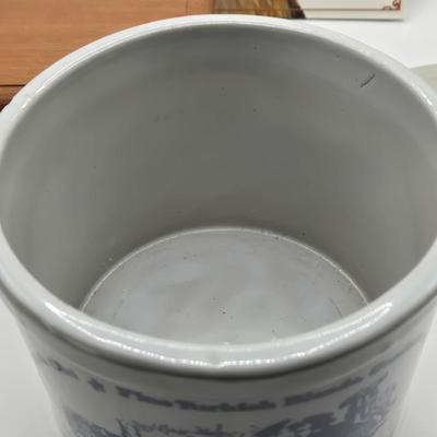 LOT 201: Antique Stoneware Tobacco Crock, Two Vintage Shaving Mugs, Wooden Cigar Box, and Cigar Box Book