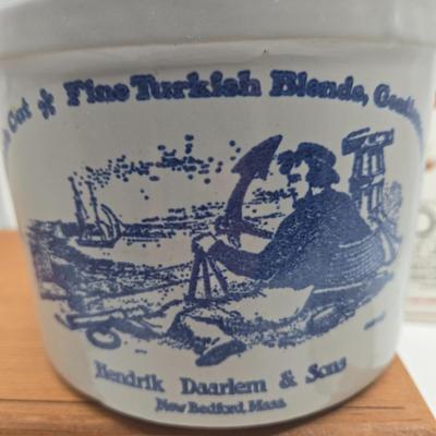 LOT 201: Antique Stoneware Tobacco Crock, Two Vintage Shaving Mugs, Wooden Cigar Box, and Cigar Box Book