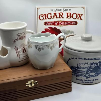 LOT 201: Antique Stoneware Tobacco Crock, Two Vintage Shaving Mugs, Wooden Cigar Box, and Cigar Box Book