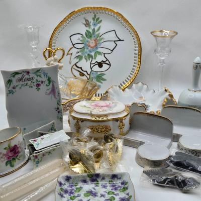 LOT 202: Beautiful San Francisco Music Box, Vintage Violet Trinket Dish, Menu Board with Place-settings, Vintage shoe Clips, and So Much...