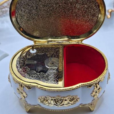LOT 202: Beautiful San Francisco Music Box, Vintage Violet Trinket Dish, Menu Board with Place-settings, Vintage shoe Clips, and So Much...