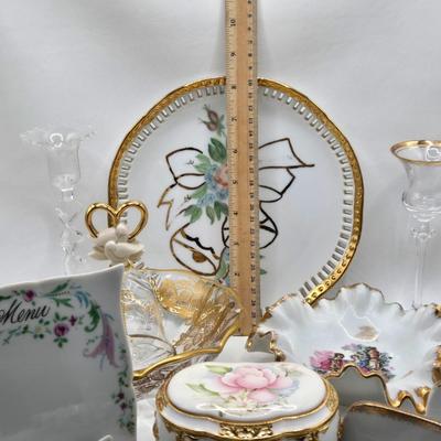 LOT 202: Beautiful San Francisco Music Box, Vintage Violet Trinket Dish, Menu Board with Place-settings, Vintage shoe Clips, and So Much...