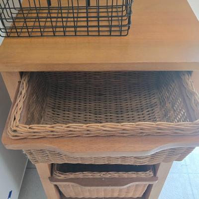 LOT 205: Wooden Vegetable Bin with Wicker Drawers and Metal Basket Wall Hanging
