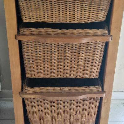 LOT 205: Wooden Vegetable Bin with Wicker Drawers and Metal Basket Wall Hanging