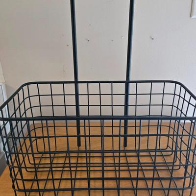 LOT 205: Wooden Vegetable Bin with Wicker Drawers and Metal Basket Wall Hanging