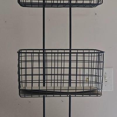 LOT 205: Wooden Vegetable Bin with Wicker Drawers and Metal Basket Wall Hanging