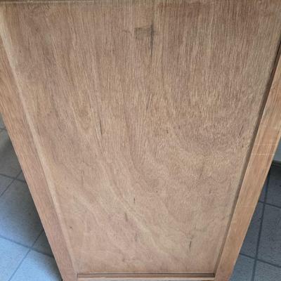 LOT 205: Wooden Vegetable Bin with Wicker Drawers and Metal Basket Wall Hanging