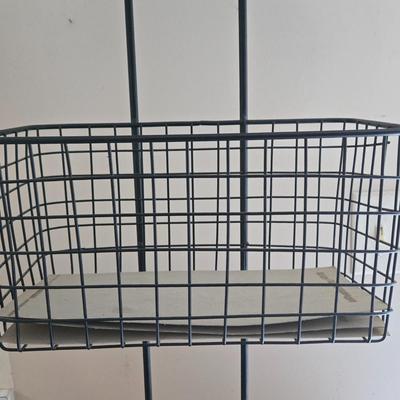 LOT 205: Wooden Vegetable Bin with Wicker Drawers and Metal Basket Wall Hanging