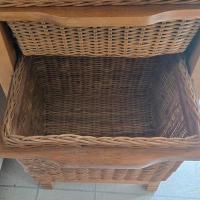 LOT 205: Wooden Vegetable Bin with Wicker Drawers and Metal Basket Wall Hanging